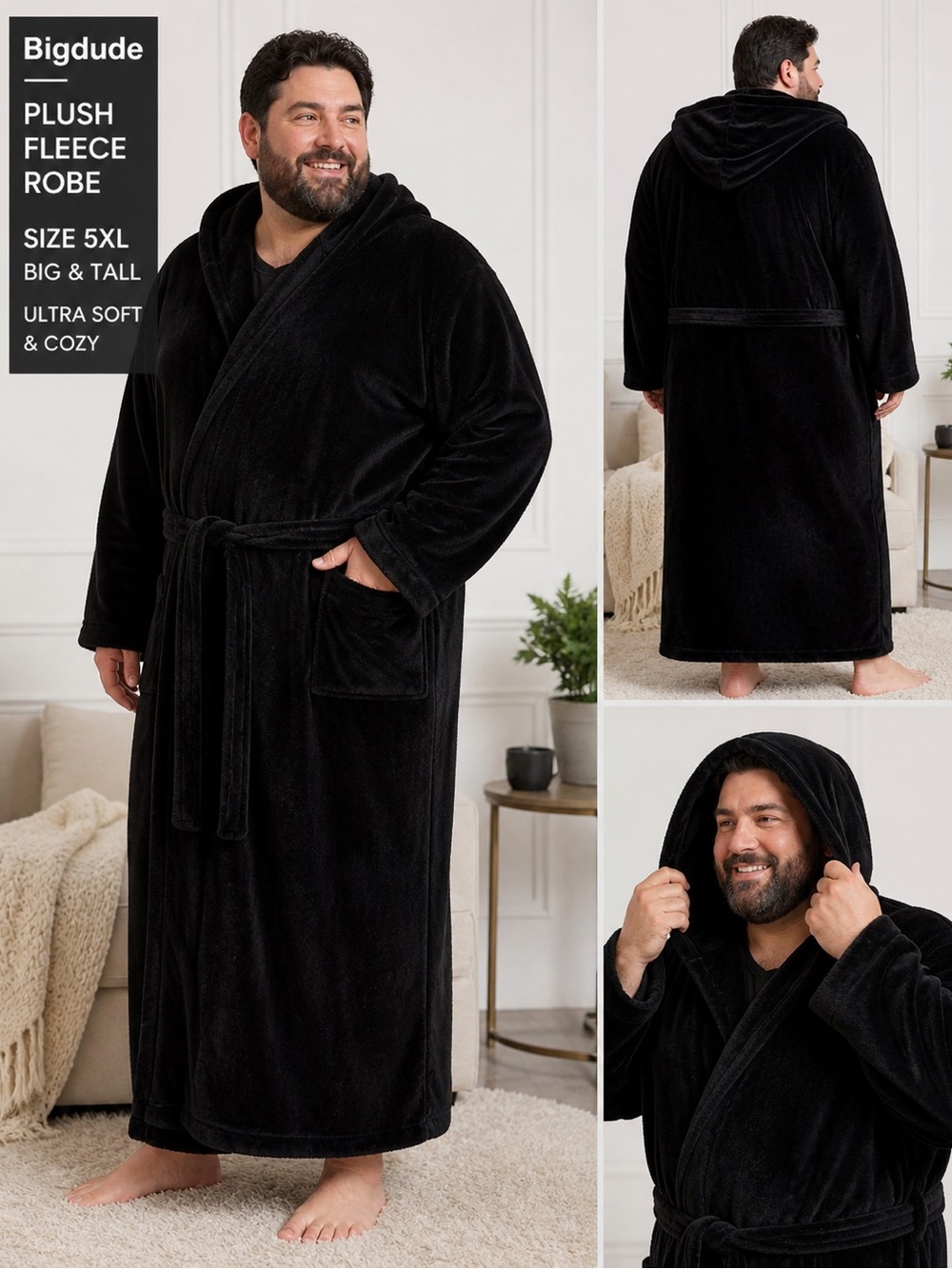 Bigdude Men’s Plush Fleece Hooded Robe 5XL Black Soft Lounge Bathrobe Belted